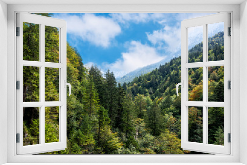 Fototapeta Naklejka Na Ścianę Okno 3D - View of high Apls mountains wth green forest under blue sky.