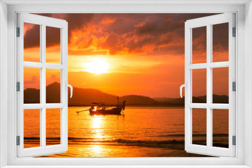 Fototapeta Naklejka Na Ścianę Okno 3D - Silhouette of beautiful sunset with fishing boat