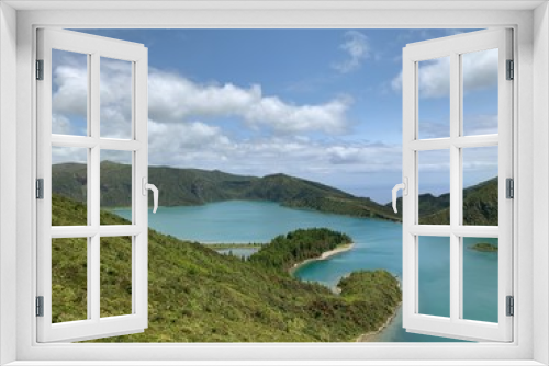 Fototapeta Naklejka Na Ścianę Okno 3D - landscape with lake and mountains on São Miguel island, Azores, Portugal near Lagoa do Fogo
