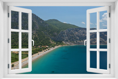Fototapeta Naklejka Na Ścianę Okno 3D - Aerial panoramic photo of famous sandy beach of Psatha in West Attica with emerald clear sea, Corinthian gulf, Greece