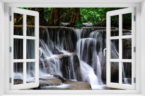 Fototapeta Naklejka Na Ścianę Okno 3D - Huai Mae Kamin Waterfall in the rainy season at the tropical forest of Kanchanaburi National Park, Thailand