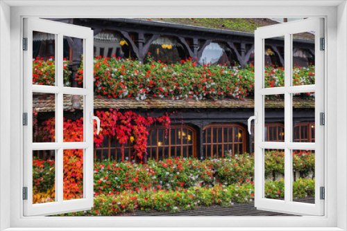 Fototapeta Naklejka Na Ścianę Okno 3D - Black and brown house in colorful leaves, green red and white flowers, orange and red maple leaves, restaurant in autumn colors, beautiful windows