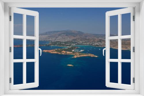 Fototapeta Naklejka Na Ścianę Okno 3D - Aerial drone photo of famous luxurious Lemos peninsula in Vouliagemeni area with iconic celebrity sandy beach of Asteras, Athens riviera, Glyfada, Attica, Greece