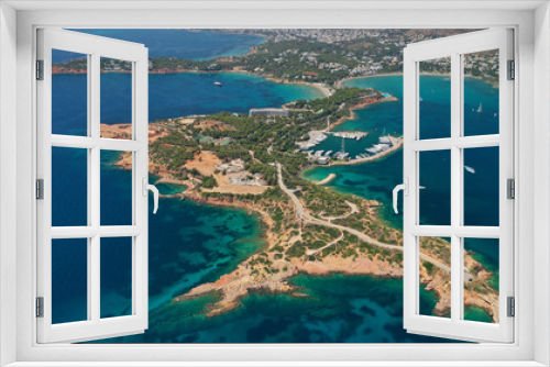 Fototapeta Naklejka Na Ścianę Okno 3D - Aerial drone photo of famous luxurious Lemos peninsula in Vouliagemeni area with iconic celebrity sandy beach of Asteras, Athens riviera, Glyfada, Attica, Greece
