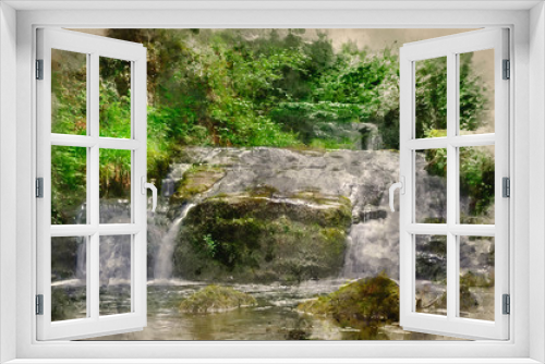 Fototapeta Naklejka Na Ścianę Okno 3D - Digital watercolor painting of Stunning waterfall flowing over rocks through lush green forest with long exposure