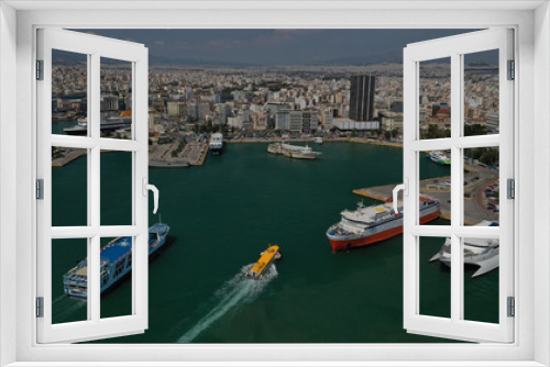 Fototapeta Naklejka Na Ścianę Okno 3D - Aerial drone panoramic photo of Piraeus port the largest commercial port in Greece and one of the largest in Europe, Attica, Greece