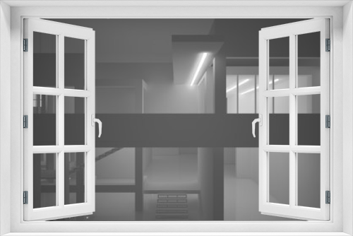 Fototapeta Naklejka Na Ścianę Okno 3D - Abstract architectural white interior of a minimalist house with neon lighting. 3D illustration and rendering.