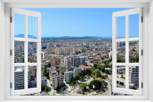 Albania, Vlore/ Vlora, panoramic cityscape seen from Kuzum Baba hill. Aerial city view, city panorama of Vlore and Sazan Island