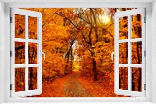 Fototapeta Naklejka Na Ścianę Okno 3D - Autumn landscape forest. Yellow trees and road with sun