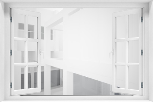 Fototapeta Naklejka Na Ścianę Okno 3D - Abstract architectural white interior of a minimalist house with large windows.. 3D illustration and rendering.