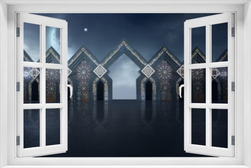 Fototapeta Naklejka Na Ścianę Okno 3D - concentrate floor with moslem ornament on the way with night sky and half moon and star 