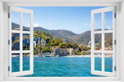 Fototapeta Naklejka Na Ścianę Okno 3D - Liguria, Italy coastline of Riviera with colorful houses on sunny warm day. Monterosso al Mare, Vernazza, Corniglia, Manarola and Riomaggiore, Cinque Terre National Park UNESCO World Heritage
