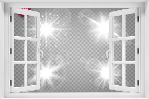 Fototapeta Naklejka Na Ścianę Okno 3D - Glowing lights set on transparent background. Lens flare effect. Bright sparkling flash, sunlight. Vector illustration.