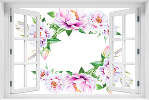 Fototapeta Naklejka Na Ścianę Okno 3D - Beautiful white peony frame. Bouquet of flowers. Floral print. Marker drawing. Watercolor painting. Wedding and birthday composition. Greeting card. Flower painted background. Hand drawn illustration.