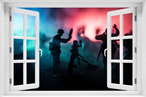 Fototapeta Naklejka Na Ścianę Okno 3D - War Concept. Military silhouettes fighting scene on war fog sky background,
