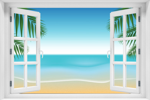 Fototapeta Naklejka Na Ścianę Okno 3D - Summer tropical background with palm leaves and seacoast. Vector illustration.