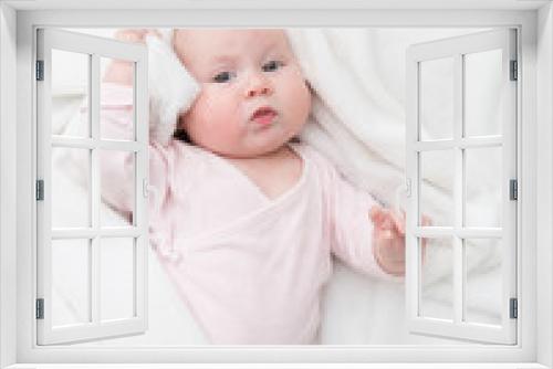 Baby Girl lie in bed, Newborn Child Covered By white Blanket, copy space