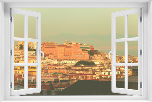 Fototapeta Naklejka Na Ścianę Okno 3D - Naples, Napoli, Italian city on the sea. Old houses  above the sea against mountails. Sunny day, summer.. Foggy