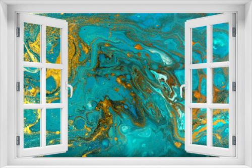 Fototapeta Naklejka Na Ścianę Okno 3D - Blue and gold marbling pattern. Golden powder marble liquid texture.