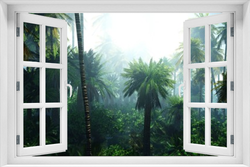 Fototapeta Naklejka Na Ścianę Okno 3D - Jungle in the mountains in the morning, palm trees in the fog