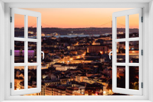 Fototapeta Naklejka Na Ścianę Okno 3D - Panorama of Cityscape of illuminated Lisbon (Lisboa) Portugal, from a viewpoint, after summer sunset against sky.