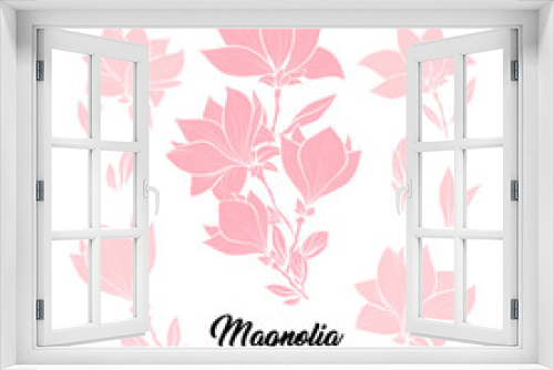 Fototapeta Naklejka Na Ścianę Okno 3D - Magnolia flower bouquets in blossom, beautiful home decor and interior design, isolated illustration vector set. Pink floral sketch drawings. Spring blossom realistic cliparts.