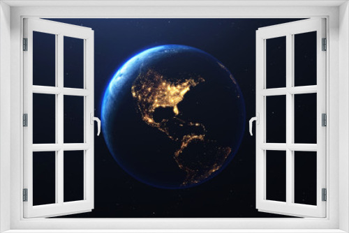Fototapeta Naklejka Na Ścianę Okno 3D - Earth planet viewed from space at night showing the lights of the United States of America  USA  and Latin American countries, 3d render of planet Earth, elements of this image provided by NASA