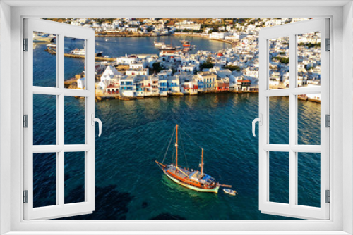 Fototapeta Naklejka Na Ścianę Okno 3D - Aerial view of iconic colourful white washed picturesque little Venice in old town of Mykonos island chora, Cyclades, Aegean, Greece