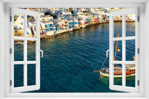 Fototapeta Naklejka Na Ścianę Okno 3D - Aerial view of iconic colourful white washed picturesque little Venice in old town of Mykonos island chora, Cyclades, Aegean, Greece