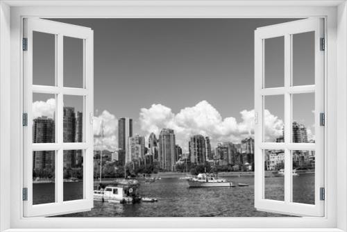 Fototapeta Naklejka Na Ścianę Okno 3D - VANCOUVER Canada vista del mar, la ciudad y veleros en blanco y negro