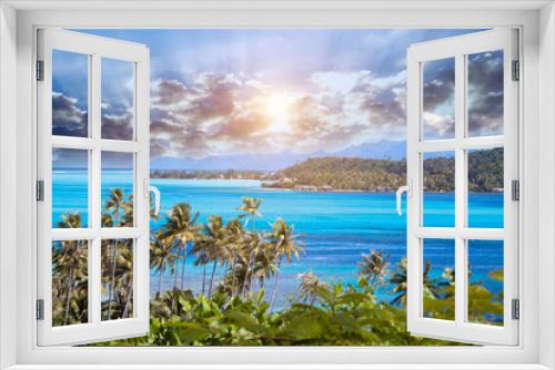 Fototapeta Naklejka Na Ścianę Okno 3D - Blue lagoon of the Bora Bora island, Polynesia. Top view on palm trees and the sea..