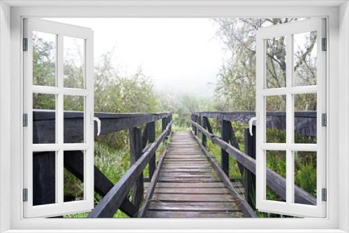 Fototapeta Naklejka Na Ścianę Okno 3D - Wooden walking bridge over a stream with foggy background