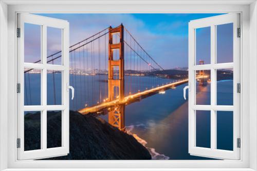 Fototapeta Naklejka Na Ścianę Okno 3D - Classic panoramic view of famous Golden Gate Bridge in beautiful evening light on a dusk with blue sky and clouds in summer or autumn, San Francisco, California, USA