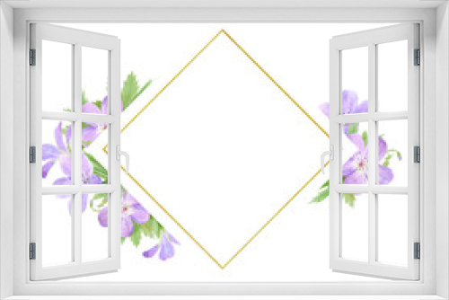 Fototapeta Naklejka Na Ścianę Okno 3D - Diamond shaped frame of lilac watercolor geranium flowers isolated on white background. Perfect for logo, design, cosmetics design, package, textile