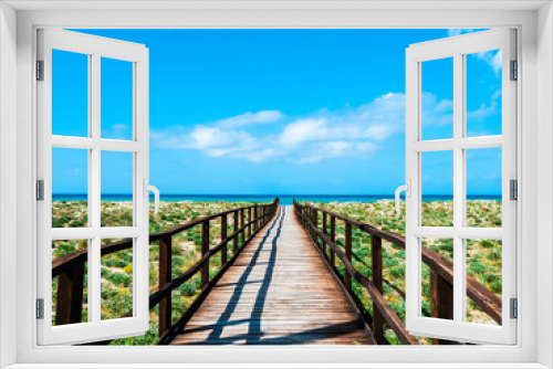 Fototapeta Naklejka Na Ścianę Okno 3D - wooden path in the green nature on the beach of the mediterranean sea in a clear summer holiday day
