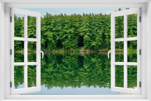 Fototapeta Naklejka Na Ścianę Okno 3D - forest lake in the evening, reflected in the water surface of the sky with clouds and trees