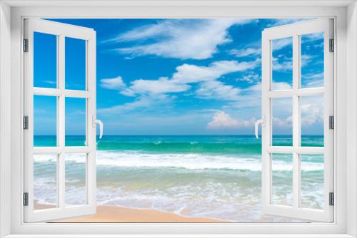Fototapeta Naklejka Na Ścianę Okno 3D - Beautiful tropical beach with blue sky and white clouds abstract texture background. Copy space of summer vacation and holiday business travel concept.