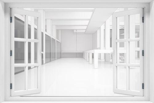 Fototapeta Naklejka Na Ścianę Okno 3D - Abstract architectural white interior of a minimalist house with large windows. Drawing. 3D illustration and rendering.