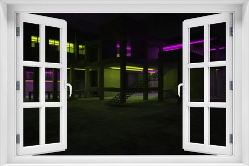 Fototapeta Naklejka Na Ścianę Okno 3D - Abstract architectural concrete interior of a minimalist house with color gradient neon lighting. 3D illustration and rendering.