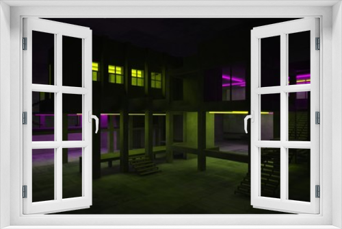 Fototapeta Naklejka Na Ścianę Okno 3D - Abstract architectural concrete interior of a minimalist house with color gradient neon lighting. 3D illustration and rendering.