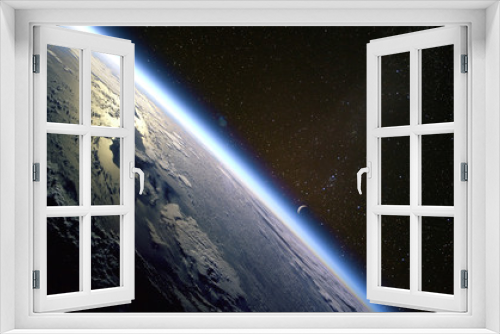 Fototapeta Naklejka Na Ścianę Okno 3D - Quarter crescent moon and the thin line of Earth’s atmosphere over the island of Hispaniola. Collage. Elements of this image furnished by NASA.