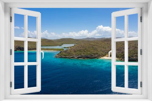 Fototapeta Naklejka Na Ścianę Okno 3D - Aerial view of coast of Curaçao in the  Caribbean Sea with turquoise water, white sandy beach and beautiful coral reef at Playa Manzalina 