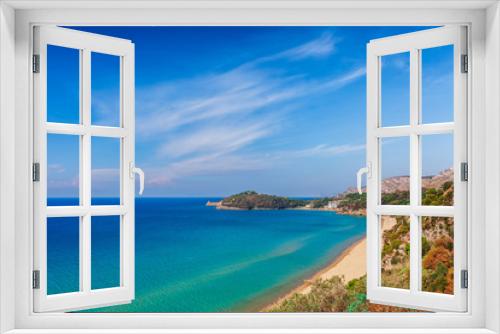 Fototapeta Naklejka Na Ścianę Okno 3D - Panoramic sea landscape with Gaeta, Lazio, Italy. Scenic historical town with old buildings, ancient churches, nice sand beach and clear blue water. Famous tourist destination in Riviera de Ulisse
