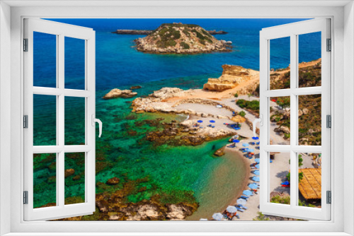 Fototapeta Naklejka Na Ścianę Okno 3D - Sea skyview landscape photo of picturesque beach near Stegna and Archangelos on Rhodes island, Dodecanese, Greece. Panorama with sand and clear blue water. Famous tourist destination in South Europe