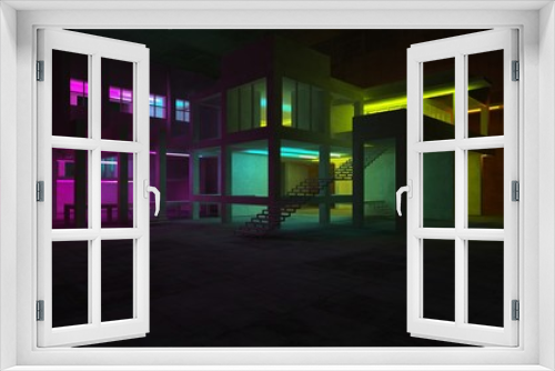 Fototapeta Naklejka Na Ścianę Okno 3D - Abstract architectural concrete and white interior of a minimalist house with color gradient neon lighting. 3D illustration and rendering.