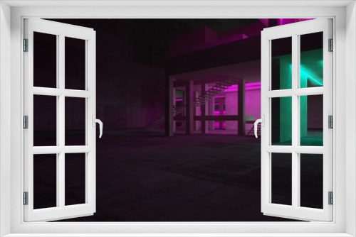 Fototapeta Naklejka Na Ścianę Okno 3D - Abstract architectural concrete and white interior of a minimalist house with color gradient neon lighting. 3D illustration and rendering.