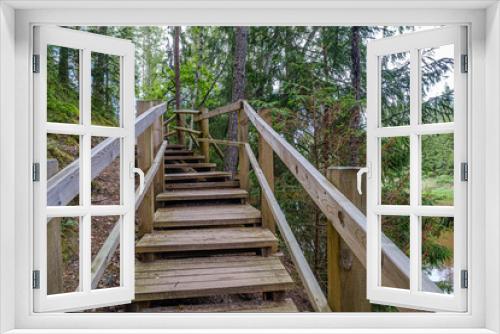 Fototapeta Naklejka Na Ścianę Okno 3D - old wooden plank footbridge with stairs in forest