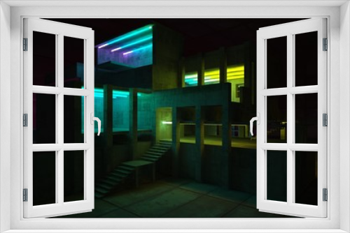 Fototapeta Naklejka Na Ścianę Okno 3D - Abstract architectural concrete and black interior of a minimalist house with color gradient neon lighting. 3D illustration and rendering.