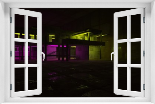 Fototapeta Naklejka Na Ścianę Okno 3D - Abstract architectural concrete and black interior of a minimalist house with color gradient neon lighting. 3D illustration and rendering.