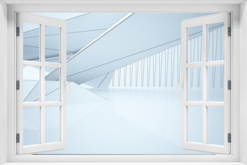 Fototapeta Naklejka Na Ścianę Okno 3D - Drawing abstract architectural white interior of a minimalist house with large windows. 3D illustration and rendering.